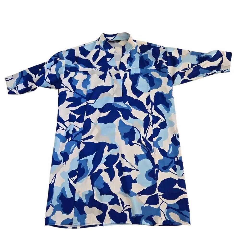 Ming Wang Womens Floral Print Crepe de Chine Shift Dress Blue White Large - Picture 4 of 11